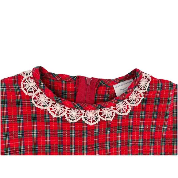 Vintage 80s Youngland Red Plaid Seersucker Dress Bows Lace Collar Size 8 USA - Picture 3 of 12